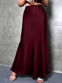 Solid Color High Waist Elegant Charmeuse Satin Skirt, Women Plus Size Midi Skirt, Suitable For Spring, Summer, Autumn