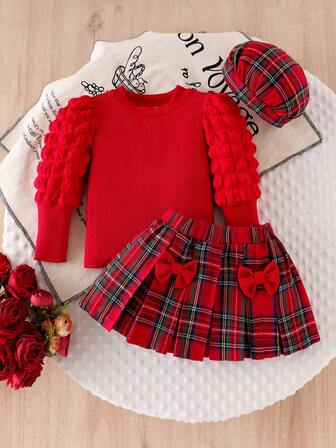 Conjunto de 3 piezas para niña bebé que incluye: blusa de manga abullonada roja, falda a cuadros con decoración de moño y sombrero, conjunto de vestido casual/de actuación