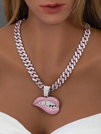 1 Women's Pink And White Two-Tone Rhinestone Lip Pendant Necklace Punk And Hip-Hop Style Necklace Jewelry Perfect For Jewelry Gifts, Parties, And Holiday Presents