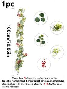 1pc, 70in/5.9ft Red Eucalyptus Wreath, Silver Dollar Eucalyptus Leaves & Baby's Breath Artificial Greenery Garland, Suitable For Christmas, Christmas Decor, Decorations, Centerpieces, Baby Showers, Wall Decor, Room Decor, Weddings, Event Decor, Home Decor Christmas Decorations