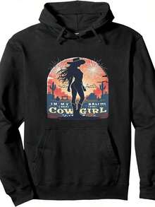 COWGIRL THEMED GRAPHIC PRINT Hoodie Unisex Western Style Sunset Scene Design Women's Casual Pullover Sweatshirt With Pocket - 黑色4 - 查看 1
