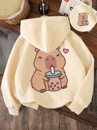Sudadera con capucha cálida con estampado de dibujos animados para niñas pequeñas
