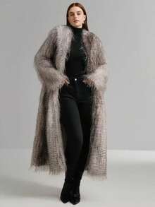 Damen luxuriöser Kunstpelz Mantel mit Strickjacken-Kragen, Fransen und strukturierten Details, normale Ärmel für eleganten Winter