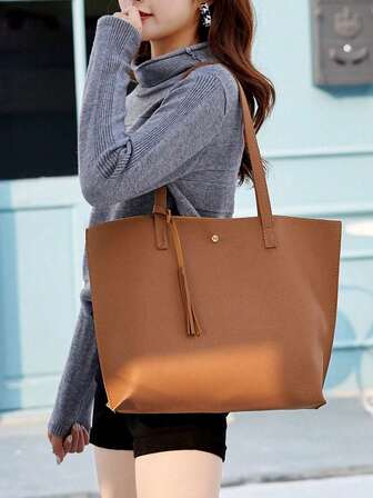 New Fashion Women's Tote Bag, Vintage Large Capacity Solid Color Casual Versatile Shopping Bag, High-Quality Tassel Decoration Lady Handbag