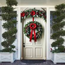1pc Polyester Fiber Christmas Wreath With Red Bow, Poinsettia And Pine Cones - Plug-Free, Battery-Free Entryway Decor, Multipurpose Indoor/Outdoor, Fits Standard Doors 71" X 35"