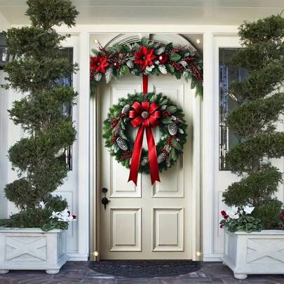 1pc Polyester Fiber Christmas Wreath With Red Bow, Poinsettia And Pine Cones - Plug-Free, Battery-Free Entryway Decor, Multipurpose Indoor/Outdoor, Fits Standard Doors 71" X 35"