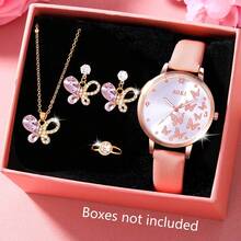 SOKI SOKI 一套镶钻粉色蝴蝶项链，闪亮镶钻蝴蝶吊坠项链和耳环，戒指，简约时尚套装，休闲蝴蝶表盘，圆形表壳，PU表带石英女表，适合日常佩戴、生日礼物、派对、节日聚会，是送给自己或朋友的理想礼物。不含包装盒。 - 粉色 - 查看 8