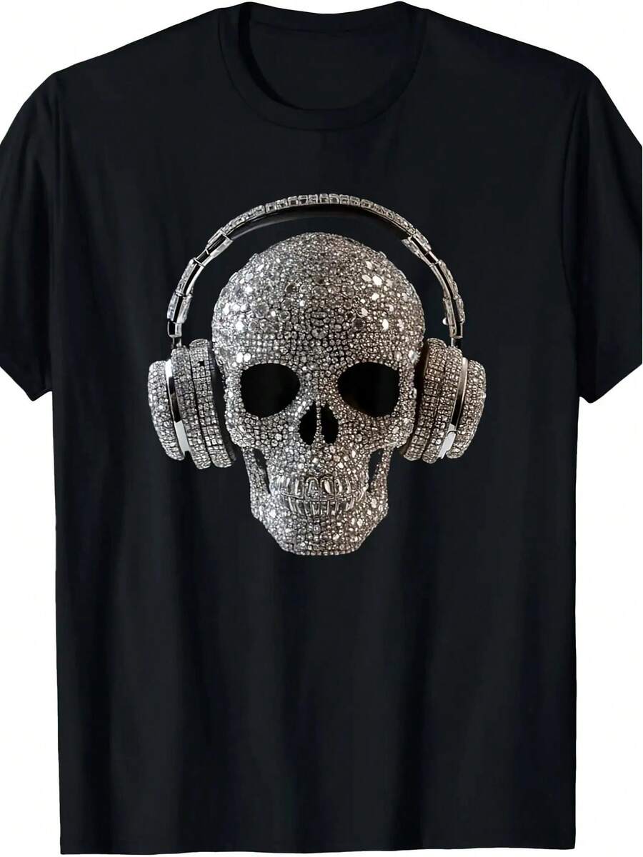 Camiseta de algodón para hombres de inspiración retro con gráfico de calavera y auriculares brillantes - Transpirable, de manga corta y cuello redondo, lavable a máquina - Ideal para todas las estaciones, estilo casual de fin de semana, tela suave y delicada, encanto único - Negro - Ver 1