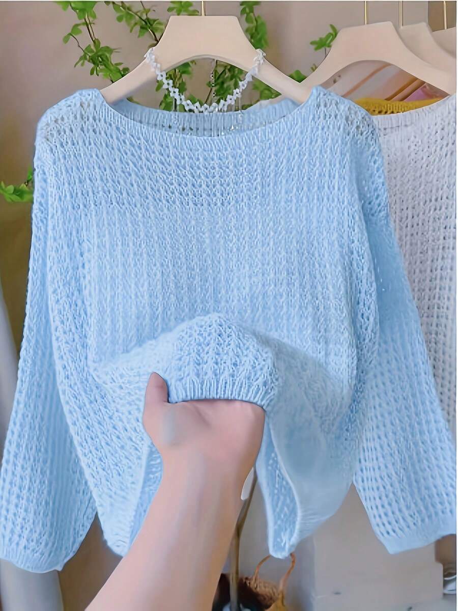 Áo dệt kim dáng rộng, màu trơn, khoét lỗ, thoải mái cho nữ mùa hè - Màu xanh lam - Xem 1