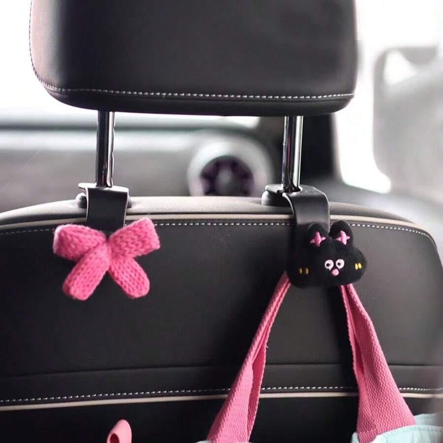 2pcs - Cute Rabbit + Bow Seat Hook, Hidden Rear Seat Storage Hook, Adorable Fresh Design, Multifunctional Car Accessories For Organizing Bags, Water Bottles, Etc., Durable Car Seat Hook