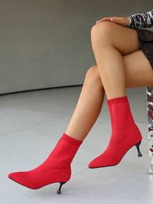Damen elegante rote unifarbene elastische Knöchelstiefel, Pyramiden-Spitzenschuhe Socken-Stiefel Herbst/Winter gestrickte Kurzstiefel Mode Socken-Stiefel High Heel Stiefel Urlaubs-Kurzstiefel Outdoor-Knöchelstiefel, Weihnachtsparty rote Stiefel