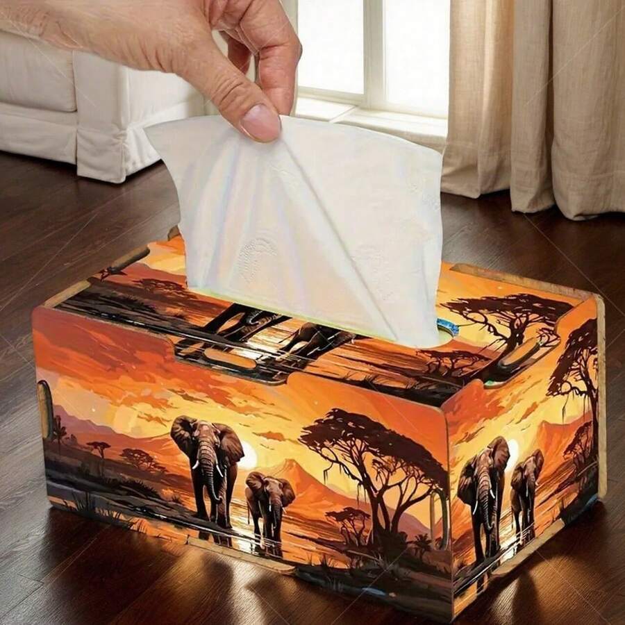 Ein großer DIY Holztaschentuchbox mit einem Elefanten, der in einer Sonnenuntergangsstimmung läuft, eine wiederverwendbare gemischte Farbkunstaufbewahrungsbox, Heim- und Bürodekoration, kreative Feiertagsgeschenke, Elefantenthema Naturkunstwerke.