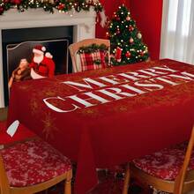 1pc Christmas Red & Gold Snowflake Letter Rectangular Tablecloth, Holiday Dining Table Decor, Suitable For Family Gatherings, Living Room, Dining Room, Christmas Themed Events, Durable Polyester Fabric