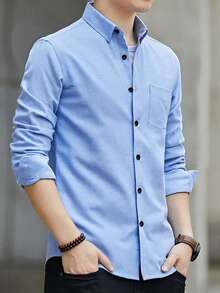 قميص رجالي أزرق سادة بأكمام طويلة، أنيق وأنيق للأعمال الرسمية، مناسب للخريف