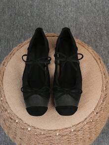 Women's Ballet Flats, Fashionable Square Toe Slip-On Soft Bottom Shoes, Versatile Flat Shoes, Black Hollow Flat Bowknot Loafers, Size Run Large, Plus Size 35-43