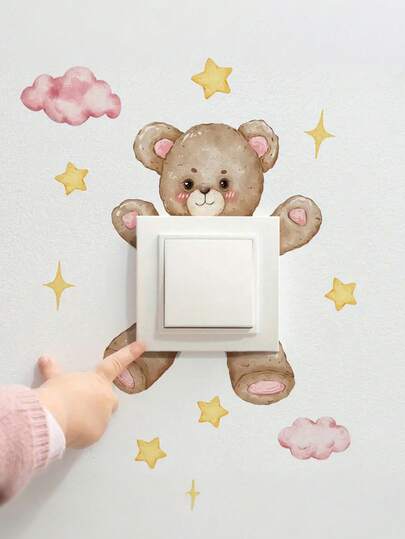 1 st tecknad björn, stjärna, moln strömbrytare klistermärke, dekorativ väggdekal för barnrum, sovrum