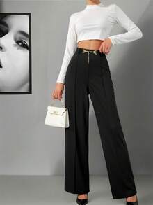 Pantalon femme à jambe ample de couleur unie avec pendentif chaîne métallique, style minimaliste mode, printemps/été - Noir - Voir 1
