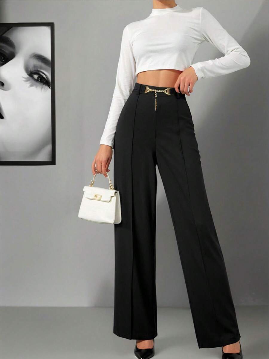 Pantalon femme à jambe ample de couleur unie avec pendentif chaîne métallique, style minimaliste mode, printemps/été - Noir - Voir 1