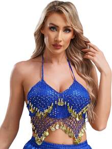 Áo croptop buộc dây tua rua đính sequin dành cho nữ, trang phục múa bụng phong cách Bohemian để biểu diễn. - Nhiều màu - Xem 17