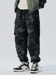 Men Plus Camouflage Cargo Pants, Straight Leg Multi-Pocket Drawstring Woven Trousers, Suitable For All Seasons, Fall - Army Green - View 6