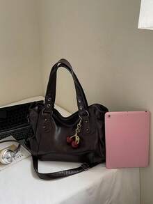 This Classic And Fashionable New Multi-Functional Solid Color Shoulder Bag Is Designed With A Large Capacity Vintage PU Material, Decorated With A Cherry Pendant, And Equipped With A Zipper, Making It An Ideal Choice For Women's Commuter Bags. It Is Very Suitable For Shopping, Travel And Commuting And Other Occasions. , Office Bag