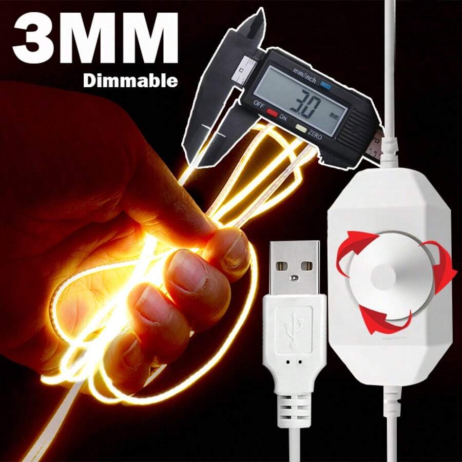 3mm Ultra-Thin COB LED Strip Light With Dimmable Control, USB Dimming, White/Warm White LED Tape, Suitable For Home Cabinet, Kitchen, TV Backlight