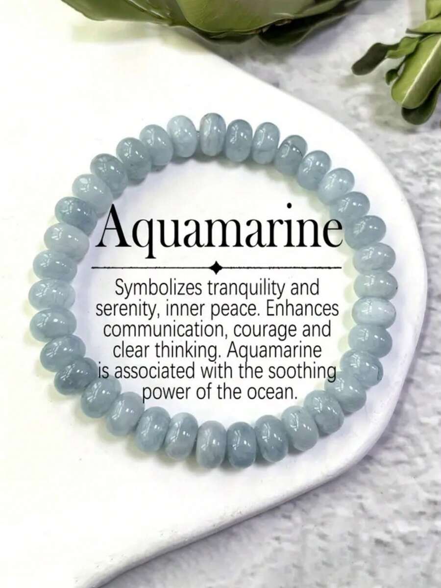 Pulseira de Contas de Ábaco de Água-Marinha Natural Infundida com Aura - Jóia Boêmia e Inspirada no Oceano que Promove Comunicação, Coragem e Felicidade. Jóia da Moda para Homens e Mulheres, Perfeita para o Dia das Mães e Dia dos Pais. - Azul bebê - Visão 1
