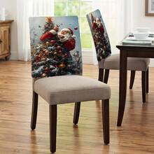 1pc/4pcs/6pcs/10pcs Christmas Santa Claus Printed Plush Chair Cover, Removable Short Plush Fabric Chair Slipcover With Snowflake & Bird Pattern, Suitable For Dining Room, Living Room, Office, Hotel And Home Decor