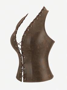 Lace-Up Corset Top For Women, Tight Bustier Halter Neck Vintage Boned Bodice Outerwear, Suitable For Stage Performance, Masquerade, Halloween, Pirate Costume, Retro Court Style - 咖啡棕 - 查看 2