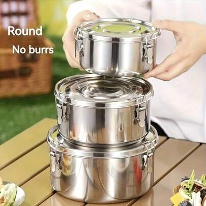 1/3 件优质不锈钢食品储存容器套装 - 防漏、防潮、防臭、可重复使用的圆形金属罐；带安全盖的冰箱储物盒，适用于厨房和餐厅组织，适合户外；家居