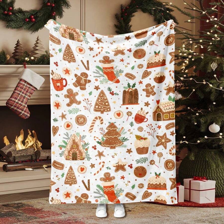 1pc Christmas Flannel Blanket With Gingerbread Man, Gingerbread House, Candy Cane, And Stocking Print, Soft And Warm Throw Blanket, Perfect Gift For Family And Friends, Suitable For Christmas Decor, Bedroom, Living Room, Office, Camping - White - View 1