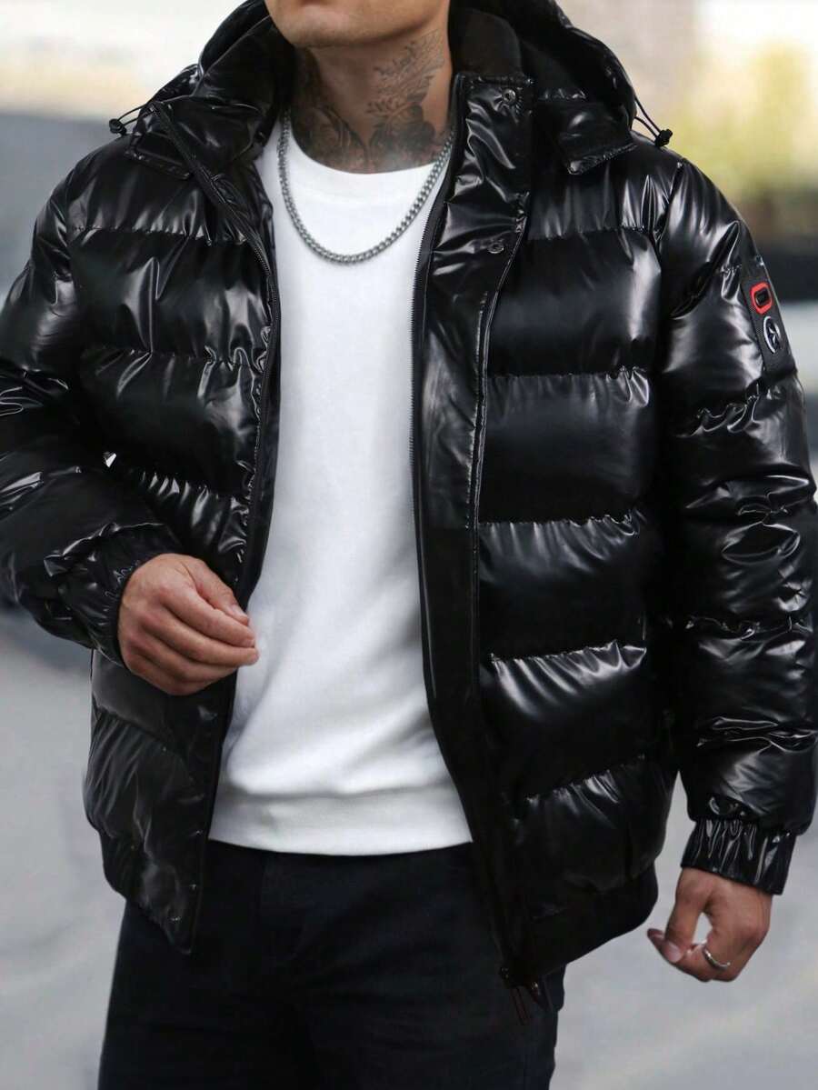 Men's Long Sleeve Shiny PU Leather Padded Coat, Warm Winter Casual Commuter Streetwear, Detachable Hood Design