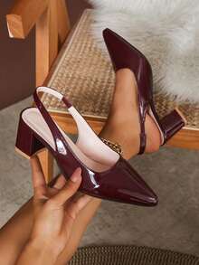 Zapatos de tacón alto con punta puntiaguda y sin talón de cuero patentado burdeos, bombas elegantes de tacón grueso vintage, adecuados para diversas ocasiones como banquetes, otoño, bodas, oficina y moda