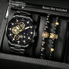 1 Set Men's Watch Business, Fashion, Calendar Function, Luminous Seconds Hand, Anti-Mechanical Numeric Dial Quartz Watch And Lion's Head, Crown Beaded Bracelet Accessory Set Perfect For Everyday Wear, Birthday Gifts, Parties, Holiday Gatherings, And As The Ideal Gift For Yourself Or Friends No Box