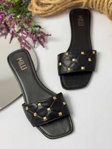 Renata Milli Milli Elegant Women's Flat Beach Sandals Elegant PU Appliques Spikes Studs Beach Summer - 黑色 - 查看 2