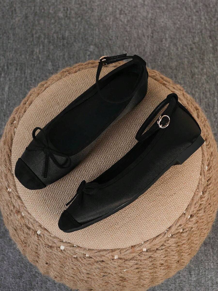 Women's Ballet Flats, Fashionable Square Toe Slip-On Soft Bottom Shoes, Versatile Flat Shoes, Black Flat Bow Tie Loafers, Size Run Large, Plus Size 35-43
