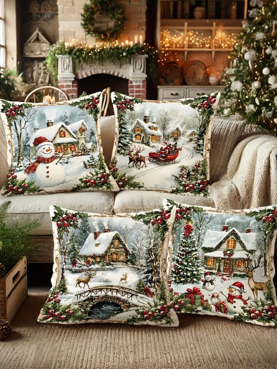 Zestaw 4 poduszek dekoracyjnych na Boże Narodzenie z 1 lub 4 elementami – nowoczesny nadruk z bałwanem, Świętym Mikołajem, reniferem i ostrokrzewem, 18 x 18 cali | Zapięcie na zamek błyskawiczny | Wytrzymały materiał poliestrowy | Nadaje się do salonów, pokoi, sof i sypialni (bez wypełnienia) Idealny na świąteczne dekoracje i przyjęcia