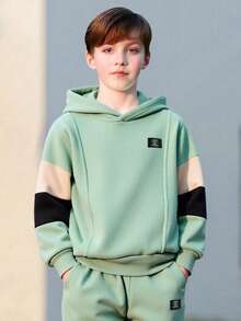 2pcs Boys Thickened Long Sleeve Hoodie Sweatshirt And Loose Fit Sweatpants Set, Grey Green, Casual Sports Outfit For Teenage Boys, Autumn/Winter - 綠色 - 查看 4