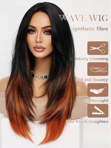 Fashion Black Highlight Orange Long Straight Wig 26 Inch Middle Parted Style Halloween Christmas Wig Realistic Natural Easy Care Heat Resistant Synthetic Fiber Wig Women Daily Wear Party Wig Cosplay Costume Wig Music Festival Performance Versatile Style Suitable For All Races - 挑染棕色 - 查看 11