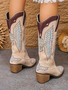 Botas Ocidentais Femininas de Salto Bloco de Bico Fino com Bordado da Moda, Design Versátil e Confortável Adequado para Festivais de Música, Viagens ao Ar Livre, Ciclismo, Férias