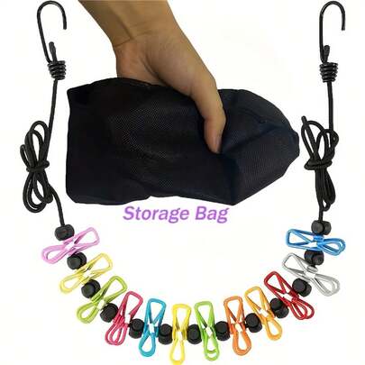 1 st. slumpmässigt färgat utdragbart bärbart reseklädlina med 12 st klämmor, lätt vikbart utdragbart rep för inomhustorkning av tvätt och utomhuscampingtillbehör, platsbesparande kompakt design perfekt för hemmet badrum balkong studentrum husbil strand picknickresor, mångsidig upphängningslösning för små lägenheter semesterpackning garderobsorganisation snabbtorkande bekväm krokmontering enkel att bära för resenärer och frekventa flyttare