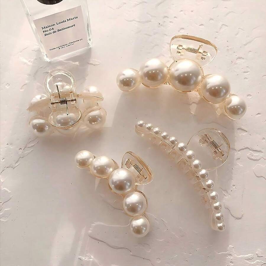 1pc/4pcs Women Faux Pearl Plastic Hair Claw Clips, Small/Medium/Large Sizes, Elegant Hair Claw Hairpin, Suitable For Different Hair Volumes, Daily, Commute, Outdoor, Casual Use, Fashion Gift Fall Winter Hair Clip Hair Accessories For Women For Vacation Outfits Woman Autumn Hair Clutch