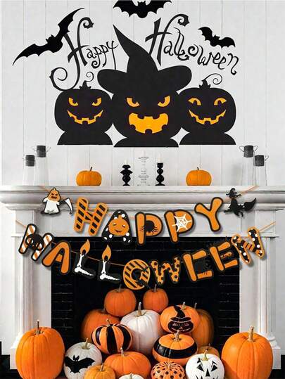 1set Happy Halloween Themed Asymmetrical Pennant Banner, Featuring Orange Pumpkin, Grim Reaper, Witch, Bat, Spider Patterns, For Halloween Birthday Celebration Decoration, Arch, Haunted House Party Supplies, Party Decorations, Room Decor