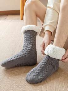 1pair Coral Fleece Socks, Anti-Slip Indoor Slippers For Men & Women, Warm & Plush For Autumn And Winter