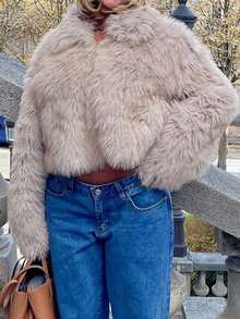 女士冬季优雅简约长袖皮草外套，保暖百搭气质 - 卡其色 - 查看 9