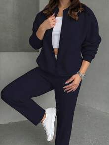 2pcs Casual Solid Color Sweatshirt Jacket Top And Straight Leg Pants Set, Soft Fleece Fabric, Suitable For Spring, Autumn And Winter - Navy - View 2