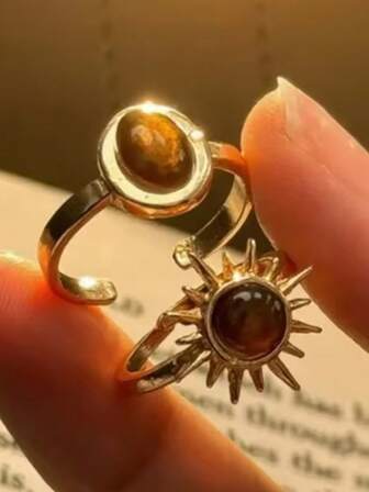 3 pièces/set Bagues en pierre brune rétro pour femmes et filles, anneaux esthétiques asymétriques de couleur dorée, bagues ajustables, bijoux de mode, cadeaux