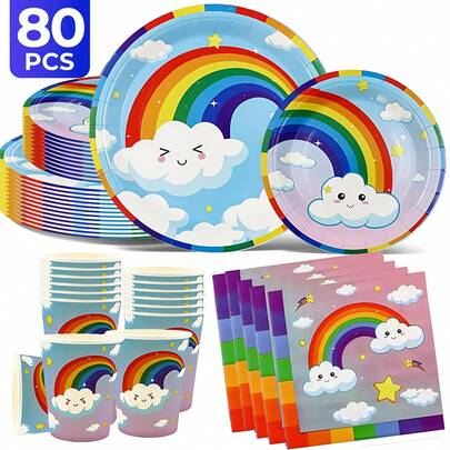 Rainbow Cloud Theme 20/40/60/80/100 Disposable Tableware Set, Including 7-Inch Paper Tray, 9-Inch Cardboard, 9-Ounce Cup, Napkins, Suitable For Daily Gatherings, Birthday Parties, Bridal Showers, Baby Showers, Clubs, Weddings, Tea Parties, Picnics, Outdoor Outings, And Themed Parties. Kitchen And Restaurant Decorations, Party Supplies