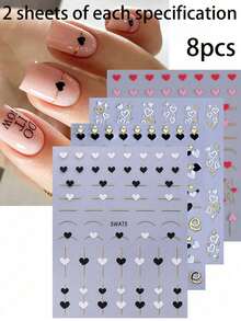 4pcs Black & White Hollow Heart Shaped French Line Design DIY Valentine's Day Romantic Holographic Self-Adhesive Gel Polish Nail Art Decals