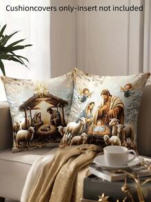4 chiếc/1 vỏ gối Giáng sinh - Thiết kế cảnh tôn giáo của Chúa Jesus, Mary, Joseph và các thiên thần/cừu, 18x18 inch | Khóa kéo | Màu sắc tươi sáng và chất liệu polyester | Dùng cho phòng khách, trang trí phòng, ghế sofa và phòng ngủ (Không bao gồm ruột gối) Thích hợp để trang trí Giáng sinh, tiệc Giáng sinh, trang trí phòng ngủ, trang trí nhà cửa - Nhiều màu - Xem 2